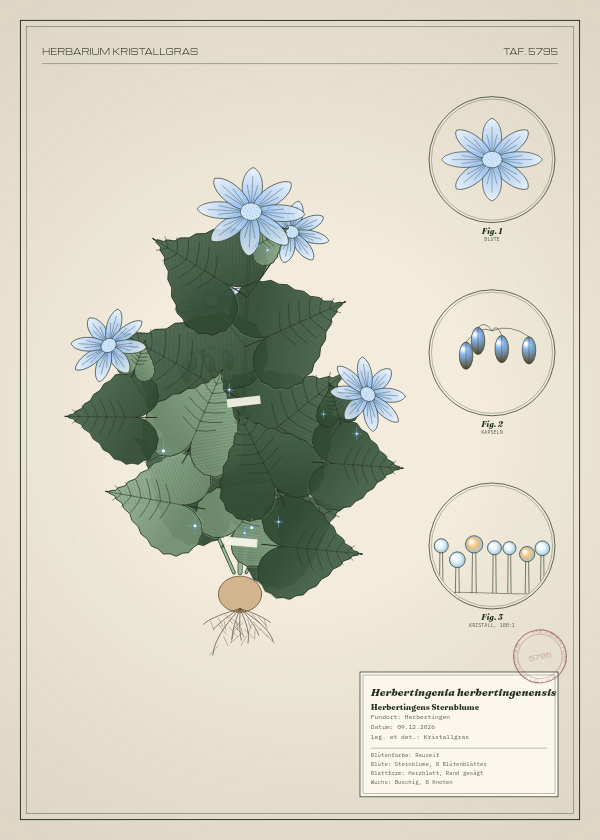 Botanische Tafel: Herbertingenia herbertingenensis, eine erfundene Pflanze aus Herbertingen, gezeichnet wie in einem alten Pflanzenatlas