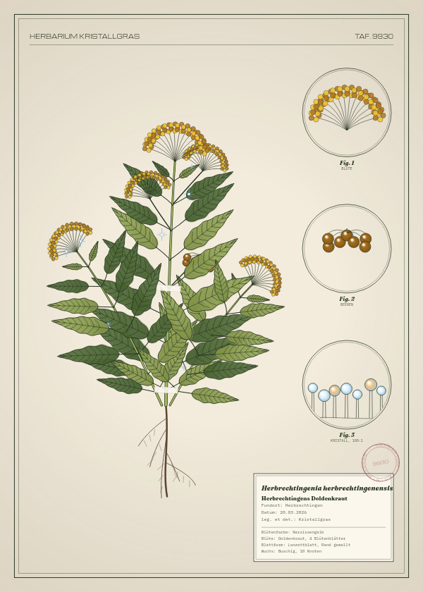 Botanische Tafel: Herbrechtingenia herbrechtingenensis, eine erfundene Pflanze aus Herbrechtingen, gezeichnet wie in einem alten Pflanzenatlas