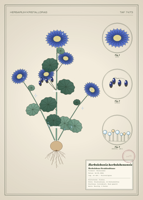Botanische Tafel: Herbslebenia herbslebenensis, eine erfundene Pflanze aus Herbsleben, gezeichnet wie in einem alten Pflanzenatlas