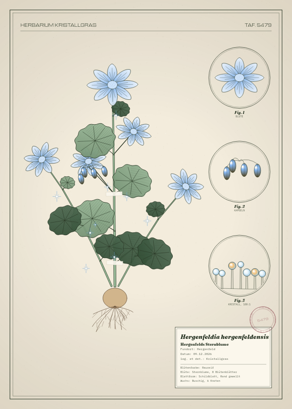 Botanische Tafel: Hergenfeldia hergenfeldensis, eine erfundene Pflanze aus Hergenfeld, gezeichnet wie in einem alten Pflanzenatlas