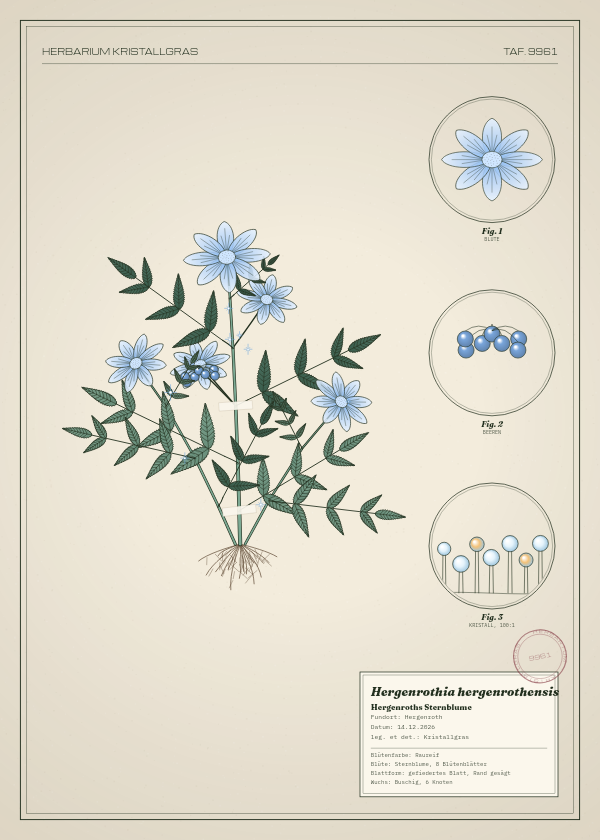 Botanische Tafel: Hergenrothia hergenrothensis, eine erfundene Pflanze aus Hergenroth, gezeichnet wie in einem alten Pflanzenatlas
