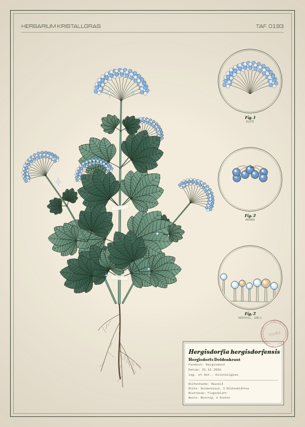 Botanische Tafel: Hergisdorfia hergisdorfensis, eine erfundene Pflanze aus Hergisdorf, gezeichnet wie in einem alten Pflanzenatlas