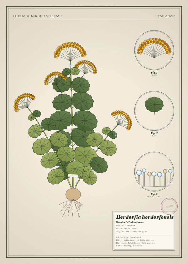 Botanische Tafel: Herdorfia herdorfensis, eine erfundene Pflanze aus Herdorf, gezeichnet wie in einem alten Pflanzenatlas