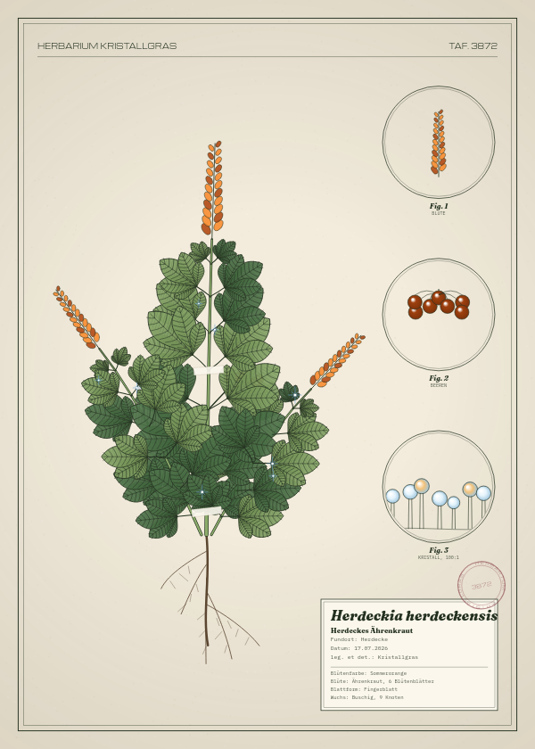 Botanische Tafel: Herdeckia herdeckensis, eine erfundene Pflanze aus Herdecke, gezeichnet wie in einem alten Pflanzenatlas