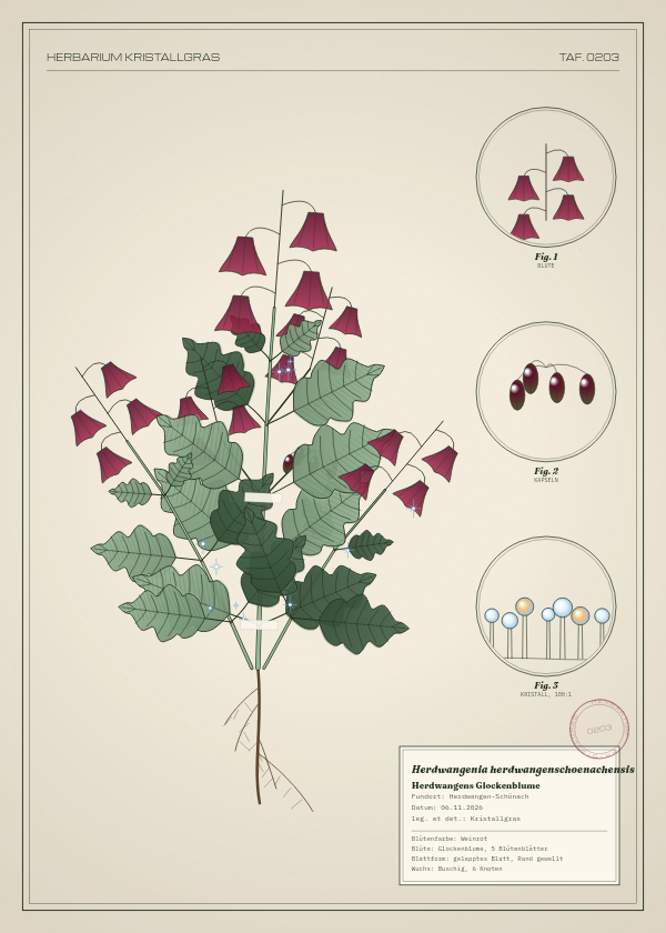 Botanische Tafel: Herdwangenia herdwangenschoenachensis, eine erfundene Pflanze aus Herdwangen-Schönach, gezeichnet wie in einem alten Pflanzenatlas