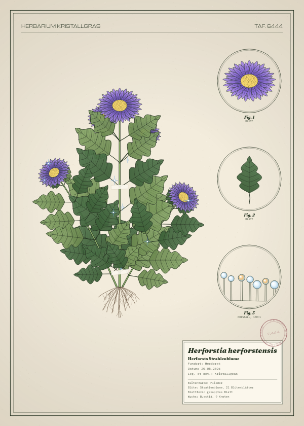 Botanische Tafel: Herforstia herforstensis, eine erfundene Pflanze aus Herforst, gezeichnet wie in einem alten Pflanzenatlas