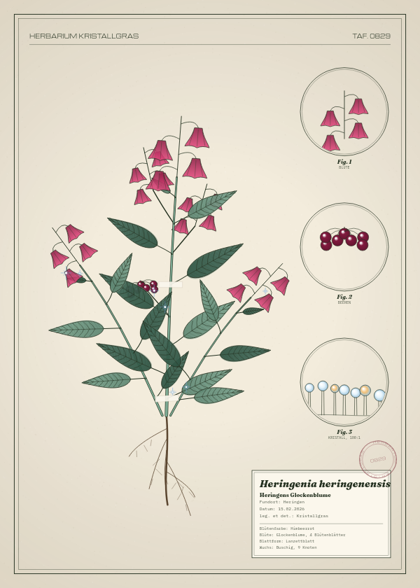 Botanische Tafel: Heringenia heringenensis, eine erfundene Pflanze aus Heringen, gezeichnet wie in einem alten Pflanzenatlas