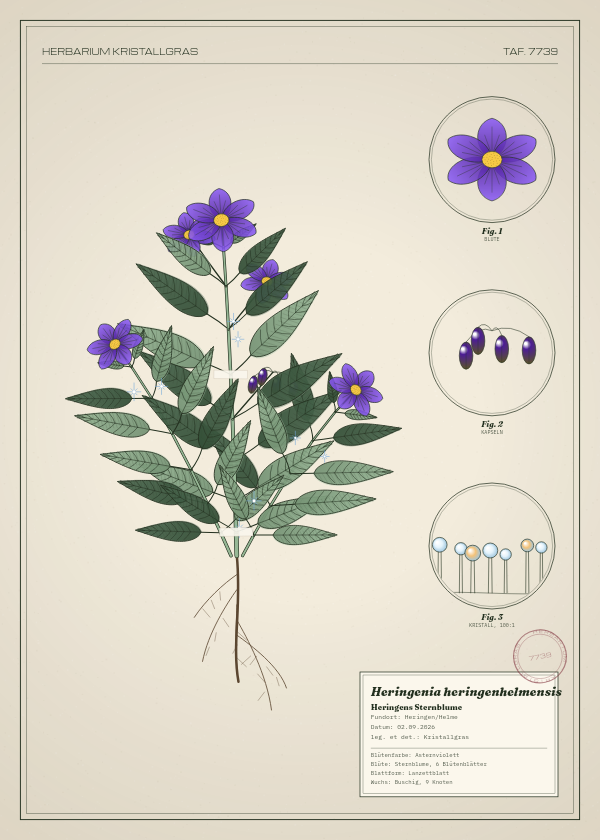 Botanische Tafel: Heringenia heringenhelmensis, eine erfundene Pflanze aus Heringen/Helme, gezeichnet wie in einem alten Pflanzenatlas