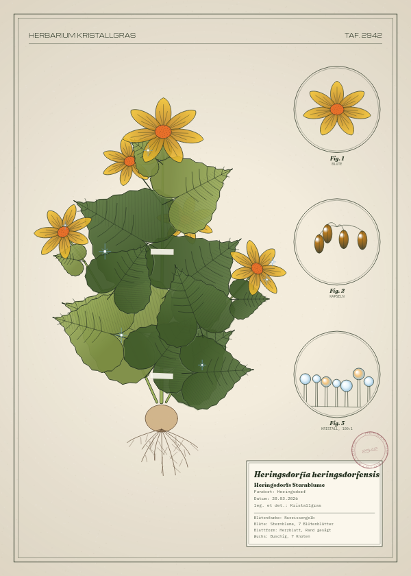 Botanische Tafel: Heringsdorfia heringsdorfensis, eine erfundene Pflanze aus Heringsdorf, gezeichnet wie in einem alten Pflanzenatlas