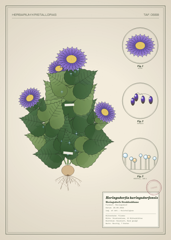 Botanische Tafel: Heringsdorfia heringsdorfensis, eine erfundene Pflanze aus Heringsdorf, gezeichnet wie in einem alten Pflanzenatlas