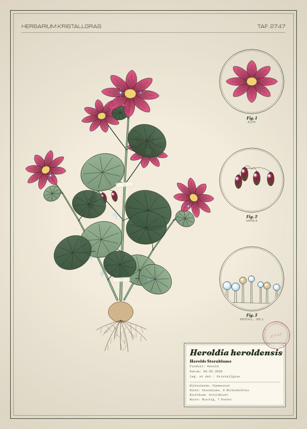 Botanische Tafel: Heroldia heroldensis, eine erfundene Pflanze aus Herold, gezeichnet wie in einem alten Pflanzenatlas