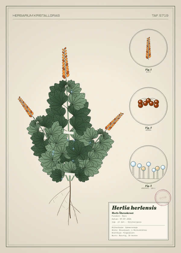 Botanische Tafel: Herlia herlensis, eine erfundene Pflanze aus Herl, gezeichnet wie in einem alten Pflanzenatlas