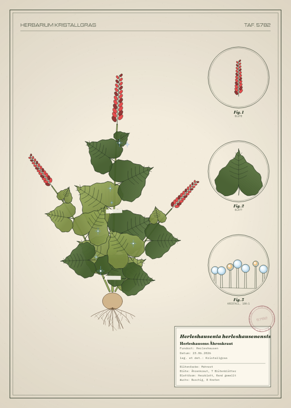 Botanische Tafel: Herleshausenia herleshausenensis, eine erfundene Pflanze aus Herleshausen, gezeichnet wie in einem alten Pflanzenatlas