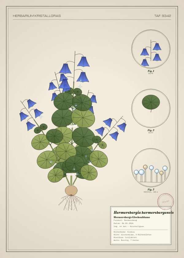Botanische Tafel: Hermersbergia hermersbergensis, eine erfundene Pflanze aus Hermersberg, gezeichnet wie in einem alten Pflanzenatlas