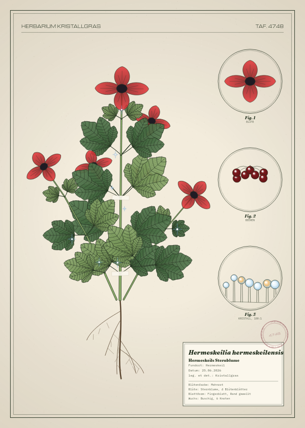 Botanische Tafel: Hermeskeilia hermeskeilensis, eine erfundene Pflanze aus Hermeskeil, gezeichnet wie in einem alten Pflanzenatlas