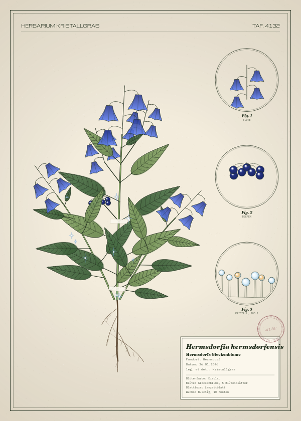 Botanische Tafel: Hermsdorfia hermsdorfensis, eine erfundene Pflanze aus Hermsdorf, gezeichnet wie in einem alten Pflanzenatlas