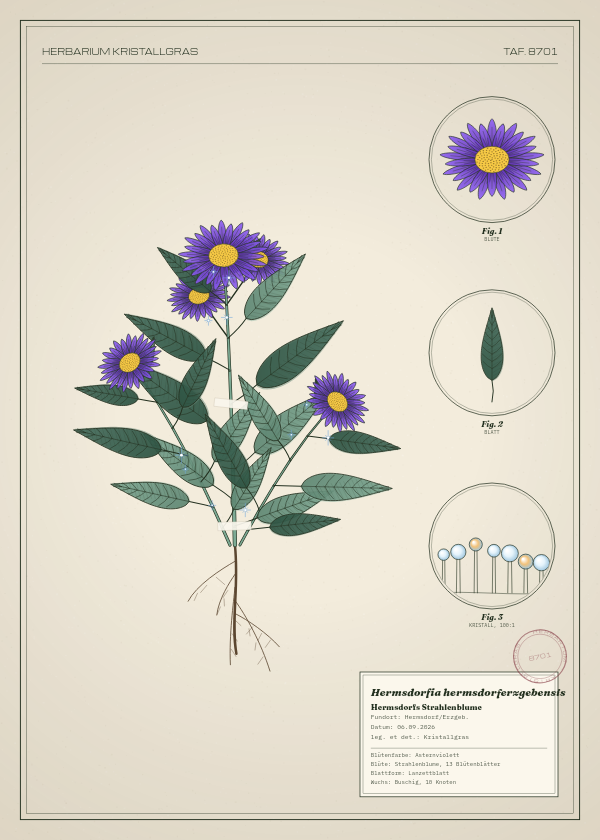 Botanische Tafel: Hermsdorfia hermsdorferzgebensis, eine erfundene Pflanze aus Hermsdorf/Erzgeb., gezeichnet wie in einem alten Pflanzenatlas