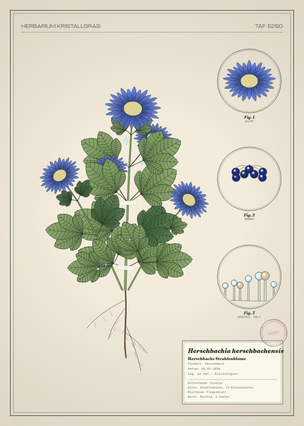 Botanische Tafel: Herschbachia herschbachensis, eine erfundene Pflanze aus Herschbach, gezeichnet wie in einem alten Pflanzenatlas