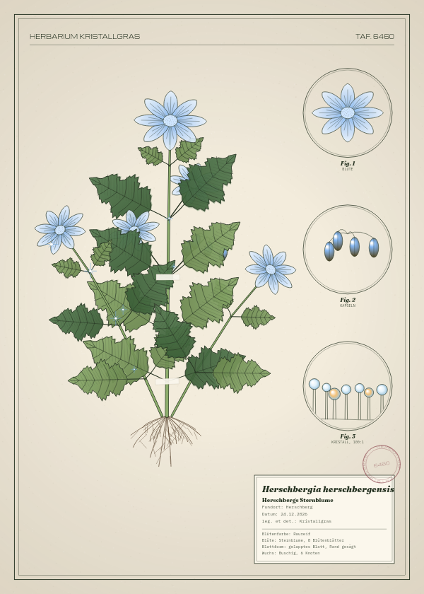 Botanische Tafel: Herschbergia herschbergensis, eine erfundene Pflanze aus Herschberg, gezeichnet wie in einem alten Pflanzenatlas