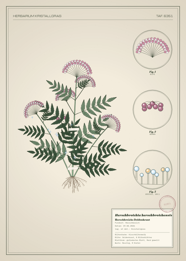 Botanische Tafel: Herschbroichia herschbroichensis, eine erfundene Pflanze aus Herschbroich, gezeichnet wie in einem alten Pflanzenatlas