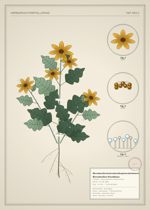 Botanische Tafel: Herschweileria herschweilerpettersheimensis, eine erfundene Pflanze aus Herschweiler-Pettersheim, gezeichnet wie in einem alten Pflanzenatlas