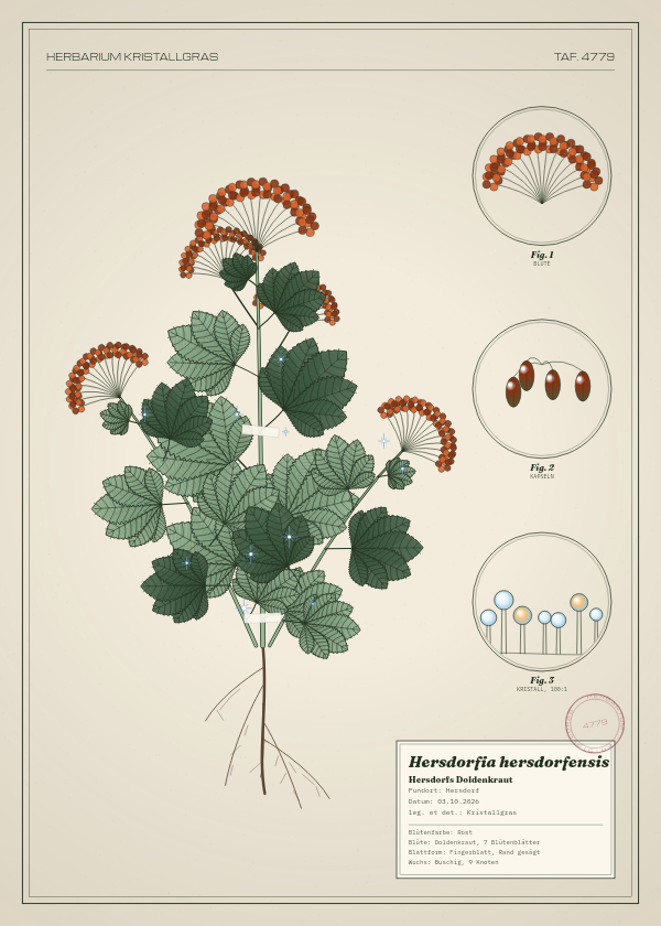 Botanische Tafel: Hersdorfia hersdorfensis, eine erfundene Pflanze aus Hersdorf, gezeichnet wie in einem alten Pflanzenatlas
