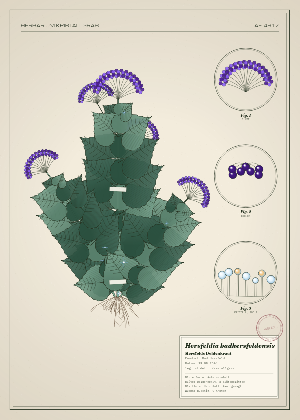 Botanische Tafel: Hersfeldia badhersfeldensis, eine erfundene Pflanze aus Bad Hersfeld, gezeichnet wie in einem alten Pflanzenatlas