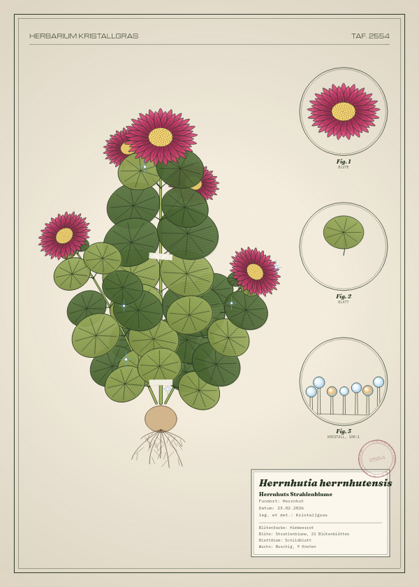 Botanische Tafel: Herrnhutia herrnhutensis, eine erfundene Pflanze aus Herrnhut, gezeichnet wie in einem alten Pflanzenatlas