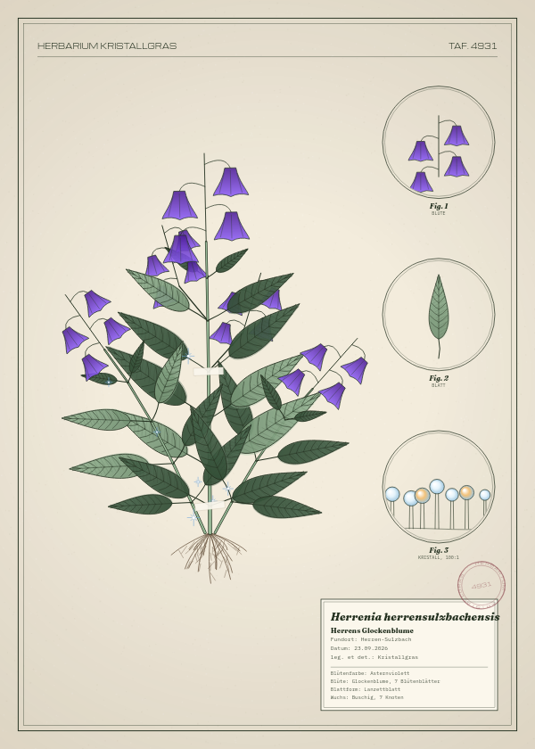 Botanische Tafel: Herrenia herrensulzbachensis, eine erfundene Pflanze aus Herren-Sulzbach, gezeichnet wie in einem alten Pflanzenatlas