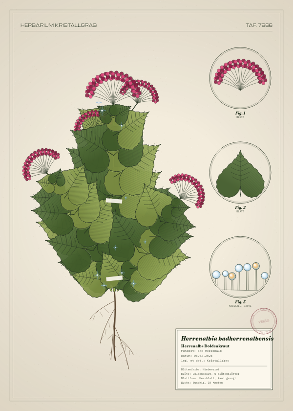 Botanische Tafel: Herrenalbia badherrenalbensis, eine erfundene Pflanze aus Bad Herrenalb, gezeichnet wie in einem alten Pflanzenatlas