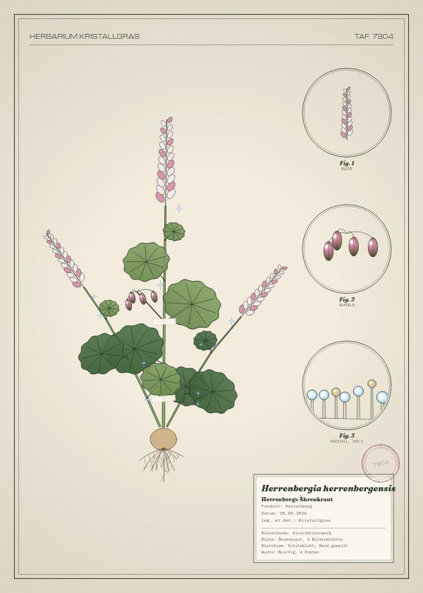 Botanische Tafel: Herrenbergia herrenbergensis, eine erfundene Pflanze aus Herrenberg, gezeichnet wie in einem alten Pflanzenatlas