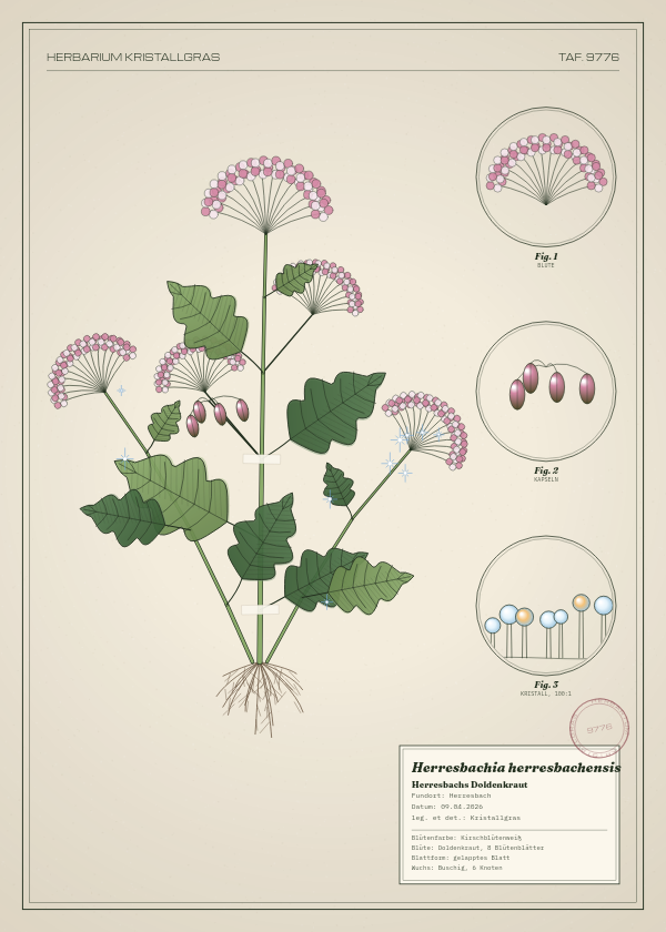 Botanische Tafel: Herresbachia herresbachensis, eine erfundene Pflanze aus Herresbach, gezeichnet wie in einem alten Pflanzenatlas