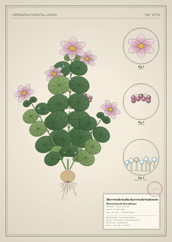 Botanische Tafel: Herrischriedia herrischriedensis, eine erfundene Pflanze aus Herrischried, gezeichnet wie in einem alten Pflanzenatlas