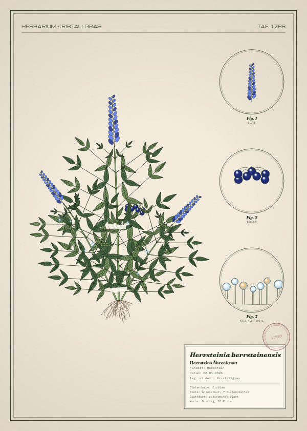 Botanische Tafel: Herrsteinia herrsteinensis, eine erfundene Pflanze aus Herrstein, gezeichnet wie in einem alten Pflanzenatlas