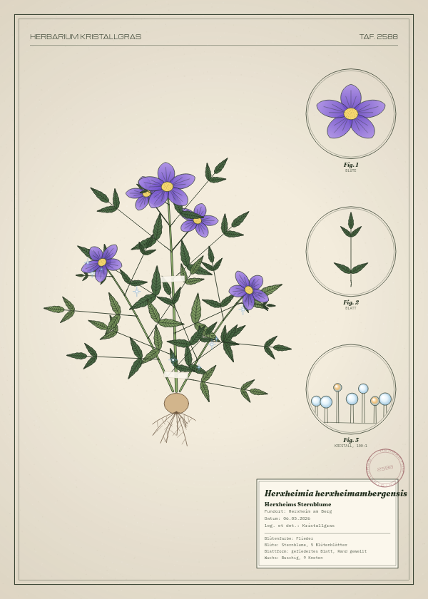 Botanische Tafel: Herxheimia herxheimambergensis, eine erfundene Pflanze aus Herxheim am Berg, gezeichnet wie in einem alten Pflanzenatlas