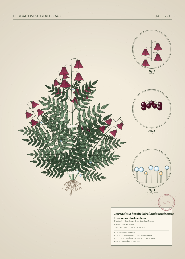 Botanische Tafel: Herxheimia herxheimbeilandaupfalzensis, eine erfundene Pflanze aus Herxheim bei Landau/Pfalz, gezeichnet wie in einem alten Pflanzenatlas