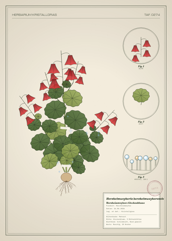 Botanische Tafel: Herxheimweyheria herxheimweyherensis, eine erfundene Pflanze aus Herxheimweyher, gezeichnet wie in einem alten Pflanzenatlas