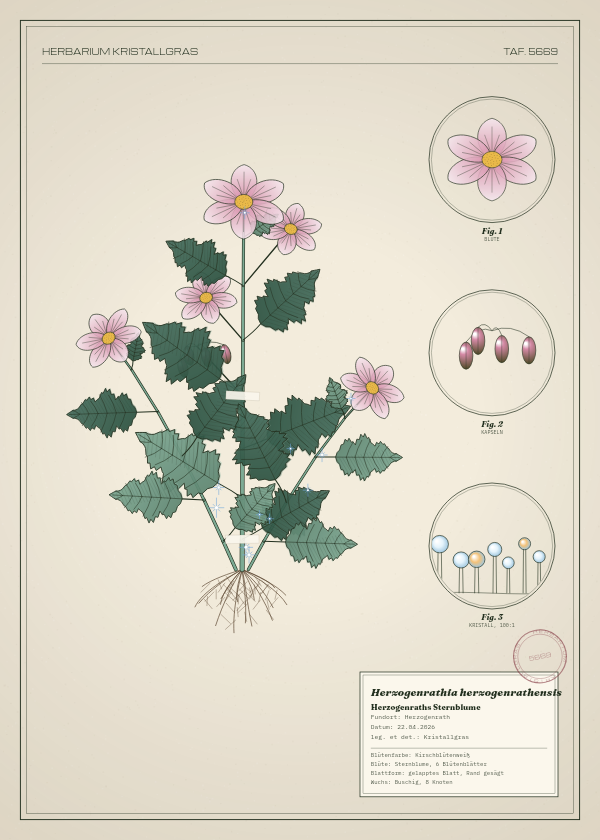 Botanische Tafel: Herzogenrathia herzogenrathensis, eine erfundene Pflanze aus Herzogenrath, gezeichnet wie in einem alten Pflanzenatlas