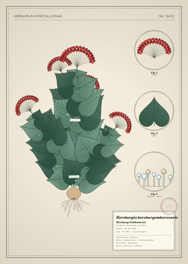 Botanische Tafel: Herzbergia herzbergamharzensis, eine erfundene Pflanze aus Herzberg am Harz, gezeichnet wie in einem alten Pflanzenatlas