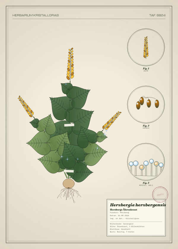 Botanische Tafel: Herzbergia herzbergensis, eine erfundene Pflanze aus Herzberg, gezeichnet wie in einem alten Pflanzenatlas