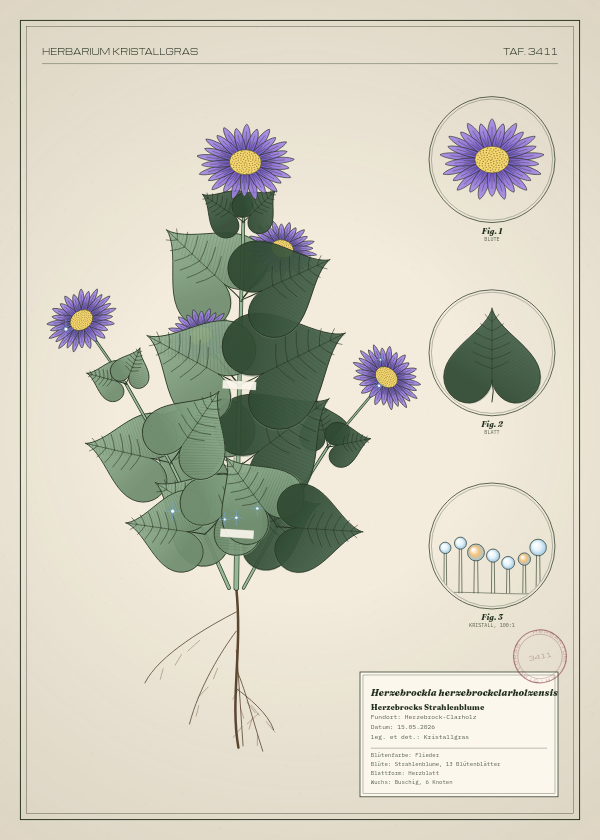 Botanische Tafel: Herzebrockia herzebrockclarholzensis, eine erfundene Pflanze aus Herzebrock-Clarholz, gezeichnet wie in einem alten Pflanzenatlas