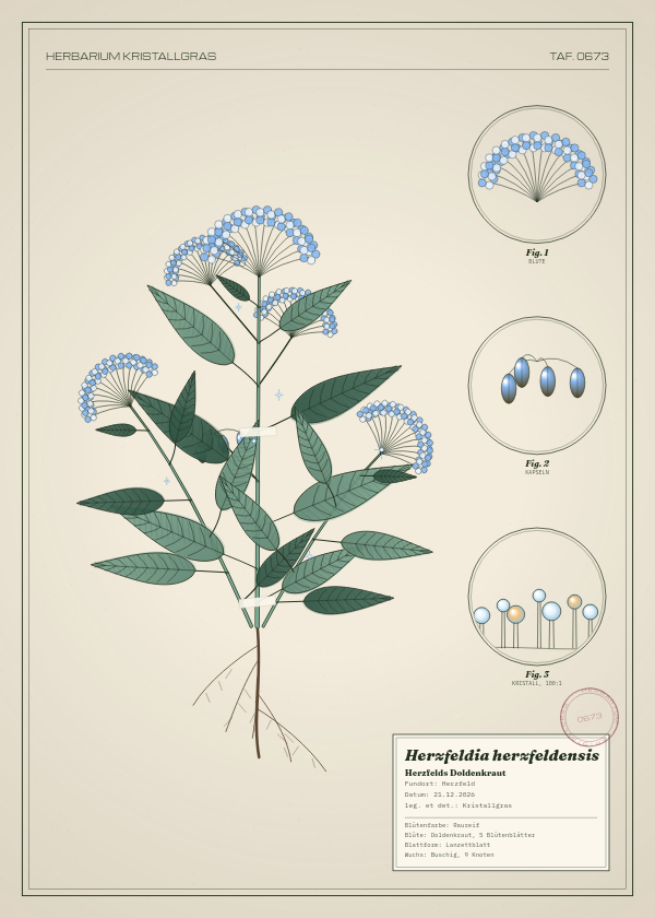 Botanische Tafel: Herzfeldia herzfeldensis, eine erfundene Pflanze aus Herzfeld, gezeichnet wie in einem alten Pflanzenatlas