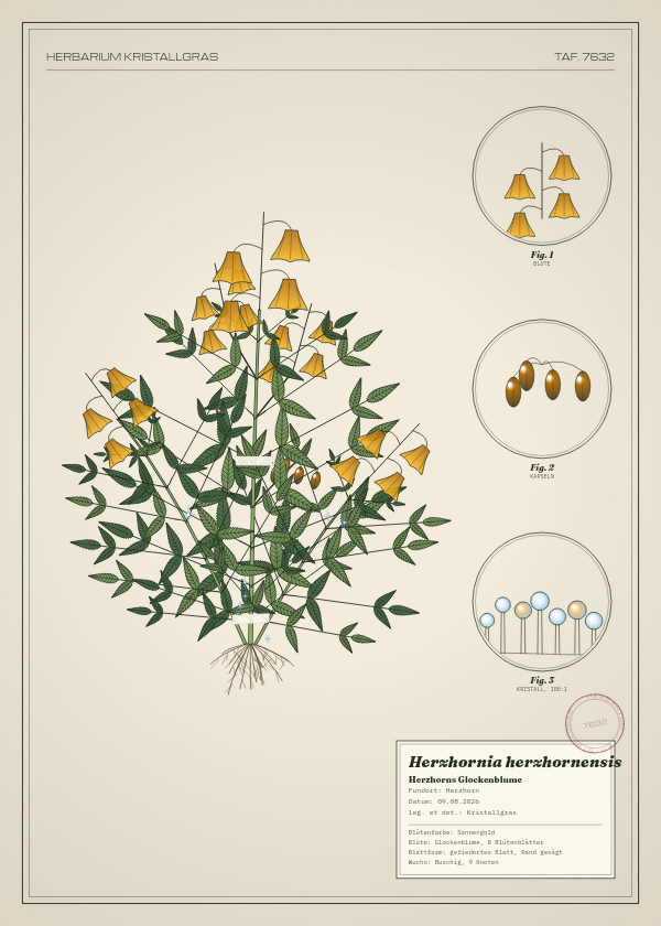 Botanische Tafel: Herzhornia herzhornensis, eine erfundene Pflanze aus Herzhorn, gezeichnet wie in einem alten Pflanzenatlas