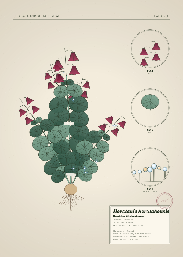 Botanische Tafel: Herzlakia herzlakensis, eine erfundene Pflanze aus Herzlake, gezeichnet wie in einem alten Pflanzenatlas