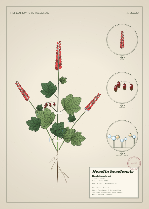 Botanische Tafel: Heselia heselensis, eine erfundene Pflanze aus Hesel, gezeichnet wie in einem alten Pflanzenatlas