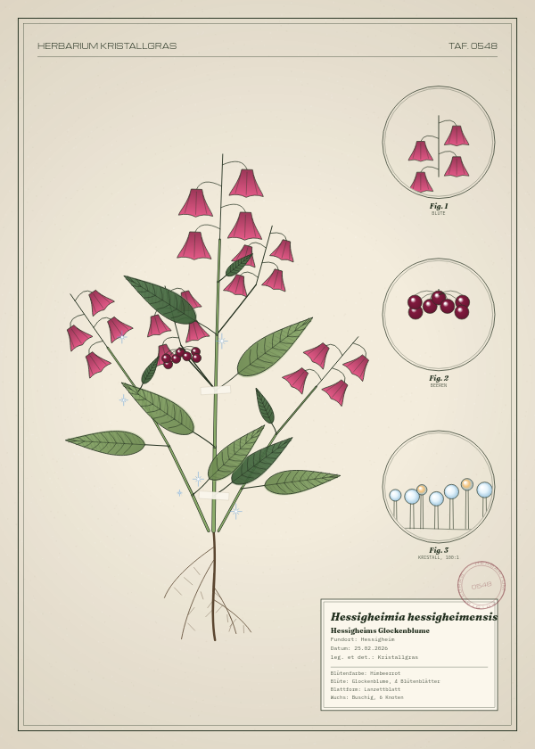 Botanische Tafel: Hessigheimia hessigheimensis, eine erfundene Pflanze aus Hessigheim, gezeichnet wie in einem alten Pflanzenatlas