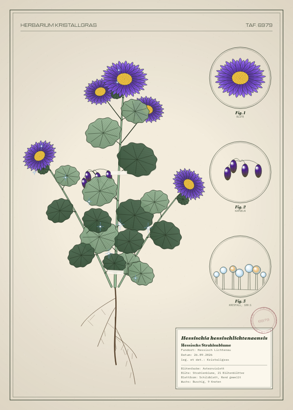 Botanische Tafel: Hessischia hessischlichtenaensis, eine erfundene Pflanze aus Hessisch Lichtenau, gezeichnet wie in einem alten Pflanzenatlas