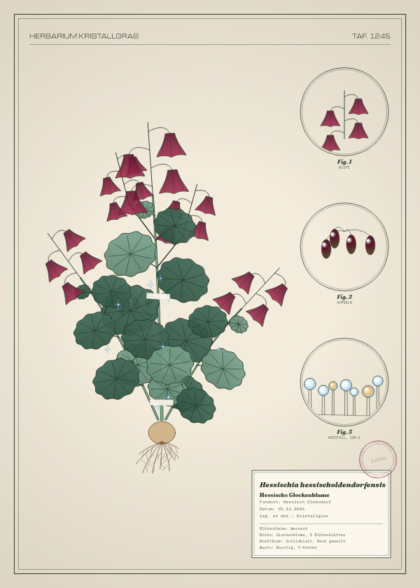 Botanische Tafel: Hessischia hessischoldendorfensis, eine erfundene Pflanze aus Hessisch Oldendorf, gezeichnet wie in einem alten Pflanzenatlas
