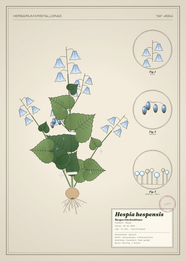 Botanische Tafel: Hespia hespensis, eine erfundene Pflanze aus Hespe, gezeichnet wie in einem alten Pflanzenatlas