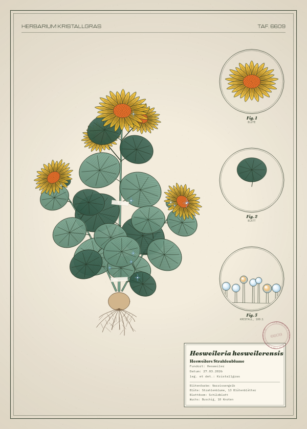 Botanische Tafel: Hesweileria hesweilerensis, eine erfundene Pflanze aus Hesweiler, gezeichnet wie in einem alten Pflanzenatlas